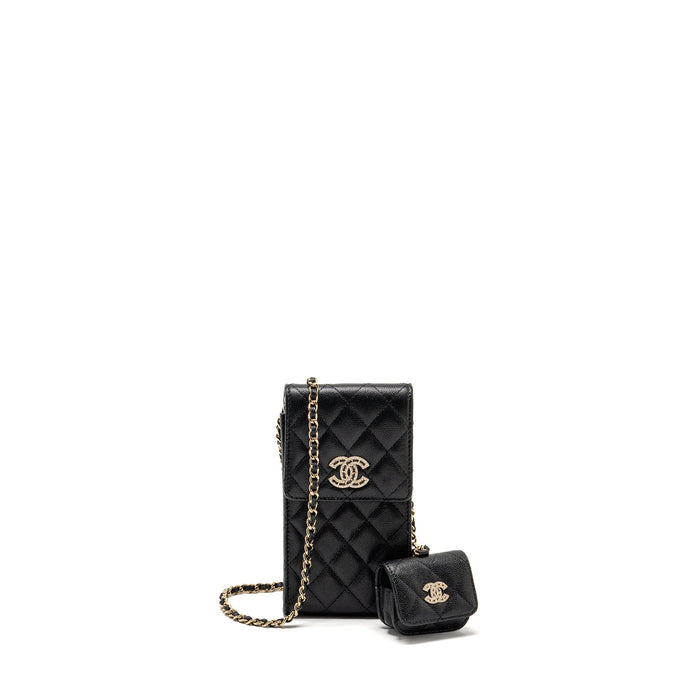 CHANEL CLASSIC PHONE CLUTCH WITH POUCH ON CHAIN CAVIAR BLACK LGHW