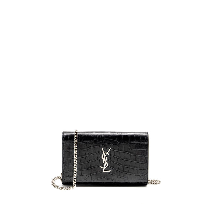 SAINT LAURENT / YSL CLASSIC CHAIN WALLET CROC-EMBOSSED CALFSKIN BLACK SHW