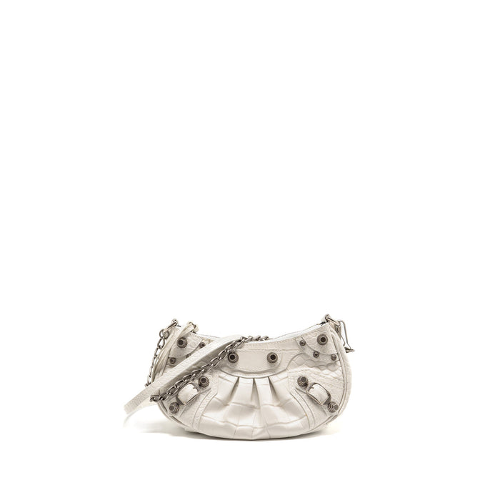 BALENCIAGA MINI LE CAGOLE SHOULDER BAG CROC-EMBOSSED CALFSKIN WHITE SHW