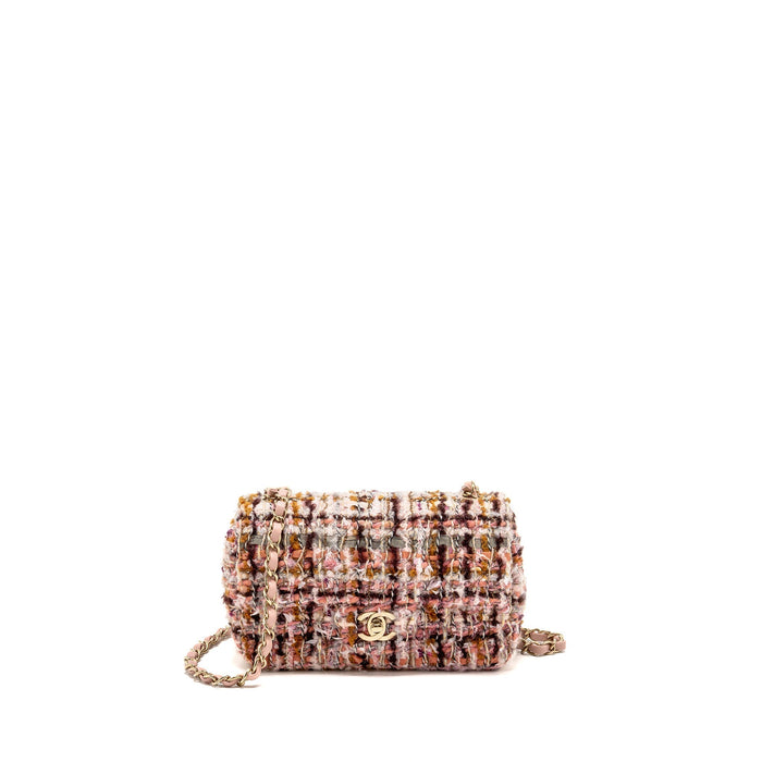 CHANEL 23K MINI RECTANGULAR FLAP BAG TWEED PINK / MULTICOLOUR LGHW (MICROCHIP)
