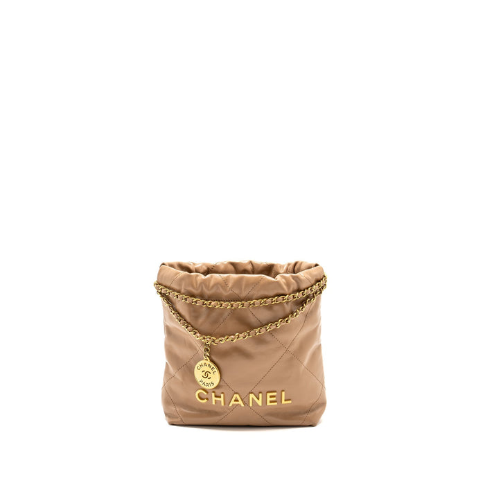 CHANEL MINI 22 BAG CALFSKIN DARK BEIGE GHW (MICROCHIP)