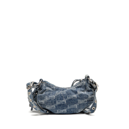 BALENCIAGA LE CAGOLE XS SHOULDER BAG BB MONOGRAM DENIM LIGHT BLUE SHW
