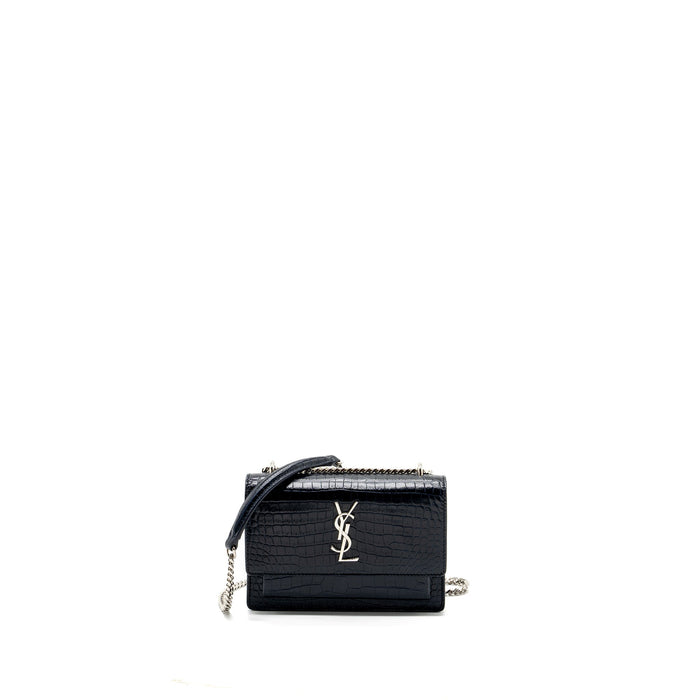 SAINT LAURENT/YSL MINI SUNSET BAG CROCODILE-EMBOSSED CALFSKIN NAVY SHW