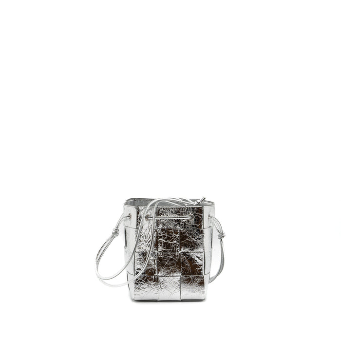 BOTTEGA VENETA SMALL CASSETTE CROSS-BODY BUCKET CALFSKIN SILVER SHW
