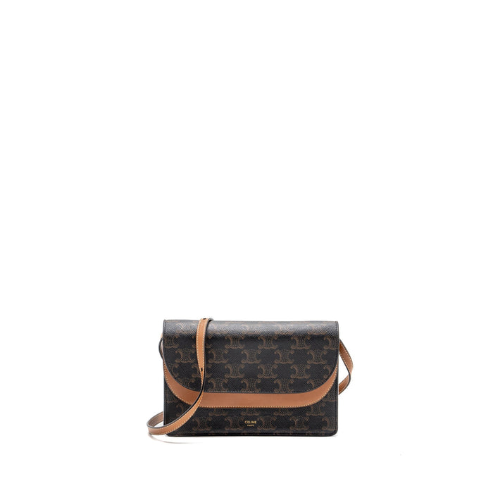 CELINE WALLET ON STRAP TRIOMPHE CANVAS/SMOOTH LAMBSKIN TAN GHW