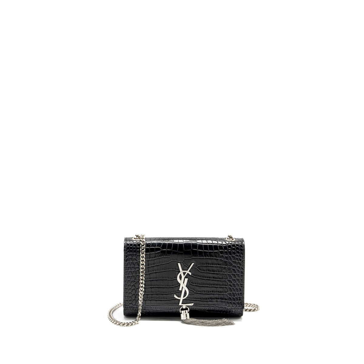 SAINT LAURENT /YSL KATE SMALL CHAIN WALLET WITH TASSEL IN CROCODILE-EMBOSSED BLACK SHW