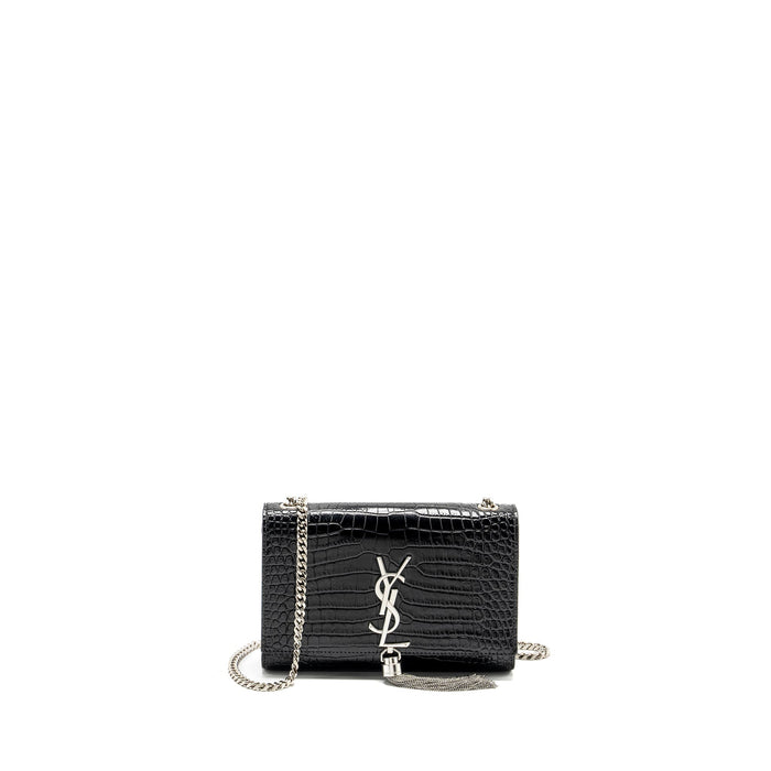 SAINT LAURENT /YSL KATE SMALL CHAIN WALLET WITH TASSEL IN CROCODILE-EMBOSSED BLACK SHW