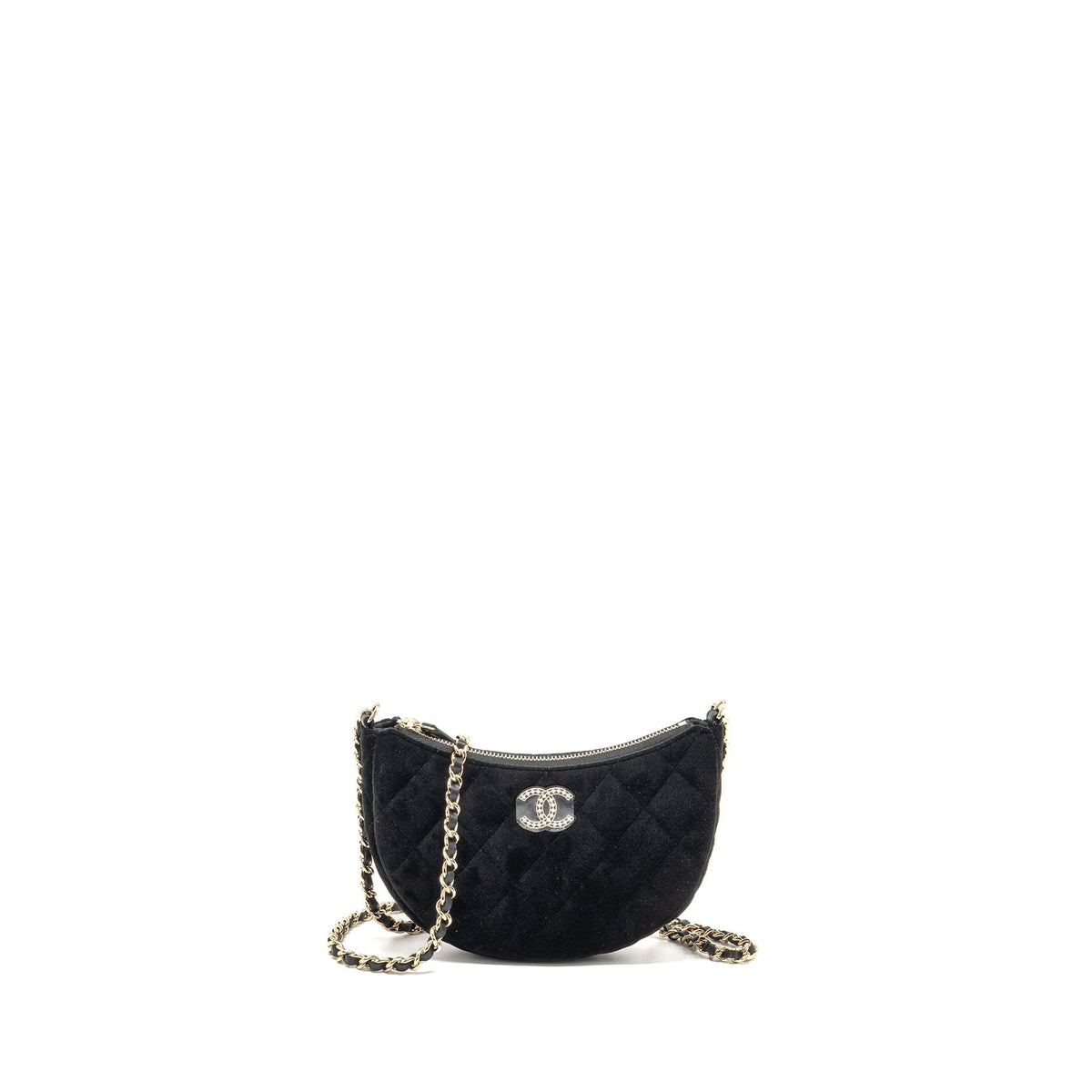 CHANEL QUILTED CRYSTAL MINI HOBO CROSSBODY BAG VELVET BLACK LGHW (MICROCHIP)