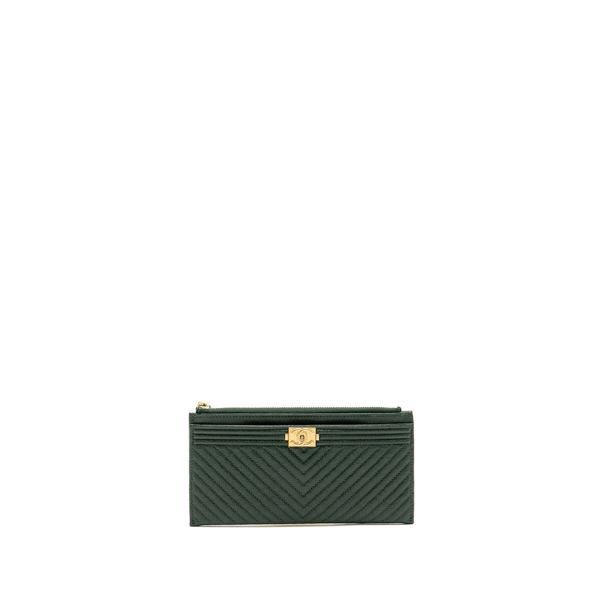 CHANEL CHEVRON BOY ZIP POUCH CAVIAR DARK GREEN GHW