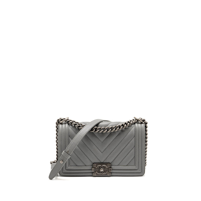 CHANEL MEDIUM BOY BAG CHEVRON CAVIAR GREY RUTHENIUM SILVER HARDWARE