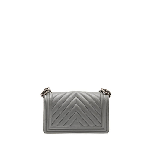 CHANEL MEDIUM BOY BAG CHEVRON CAVIAR GREY RUTHENIUM SILVER HARDWARE
