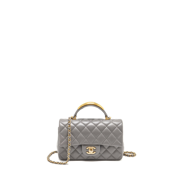 CHANEL 22K METAL TOP HANDLE MINI RECTANGULAR FLAP BAG LAMBSKIN GREY GHW (MICROCHIP)
