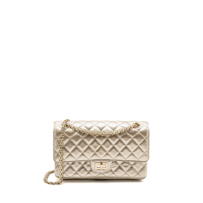 CHANEL SMALL 2.55 REISSUE DOUBLE FLAP BAG AGED CALFSKIN METALLIC LIGHT GOLD WITH LGHW
