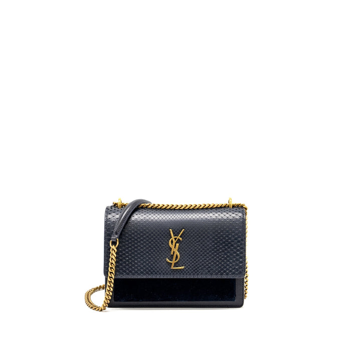 SAINT LAURENT /YSL SUNSET BAG PYTHON/SUEDE NAVY GHW