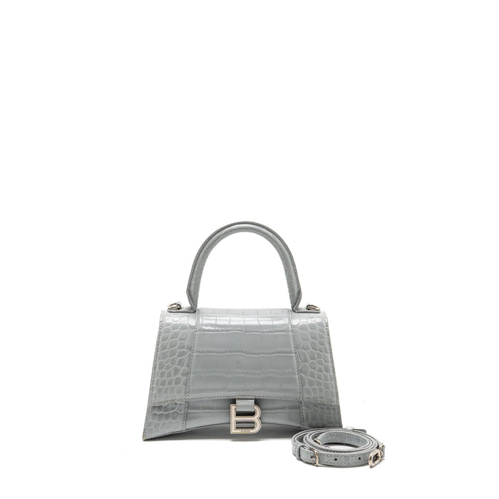 BALENCIAGA SMALL HOURGLASS BAG CROC-EMBOSSED CALFSKIN GREY SHW