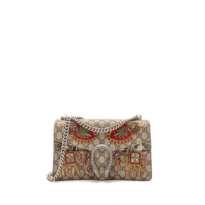 GUCCI SMALL ELEPHANT EMBROIDERED DIONYSUS SHOULDER BAG GG SUPREME CANVAS/LEATHER BEIGE/MULTICOLOUR SHW
