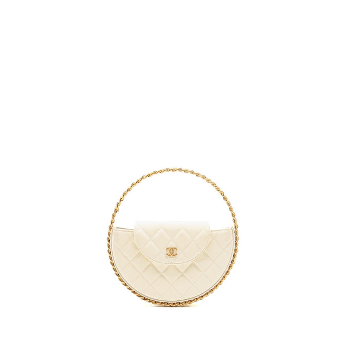 CHANEL ROUND CLUTCH PATENT LEATHER WHITE GHW (MICROCHIP)
