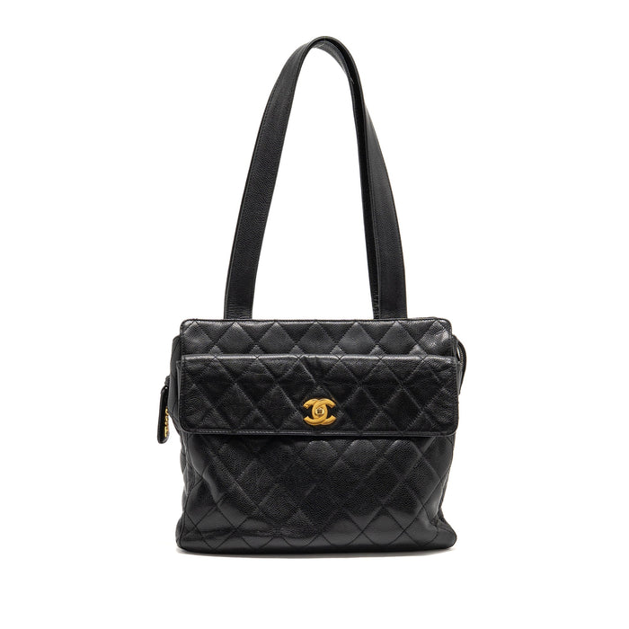 CHANEL QUILTEDE ZIP SHOULDER BAG CAVIAR BLACK GHW