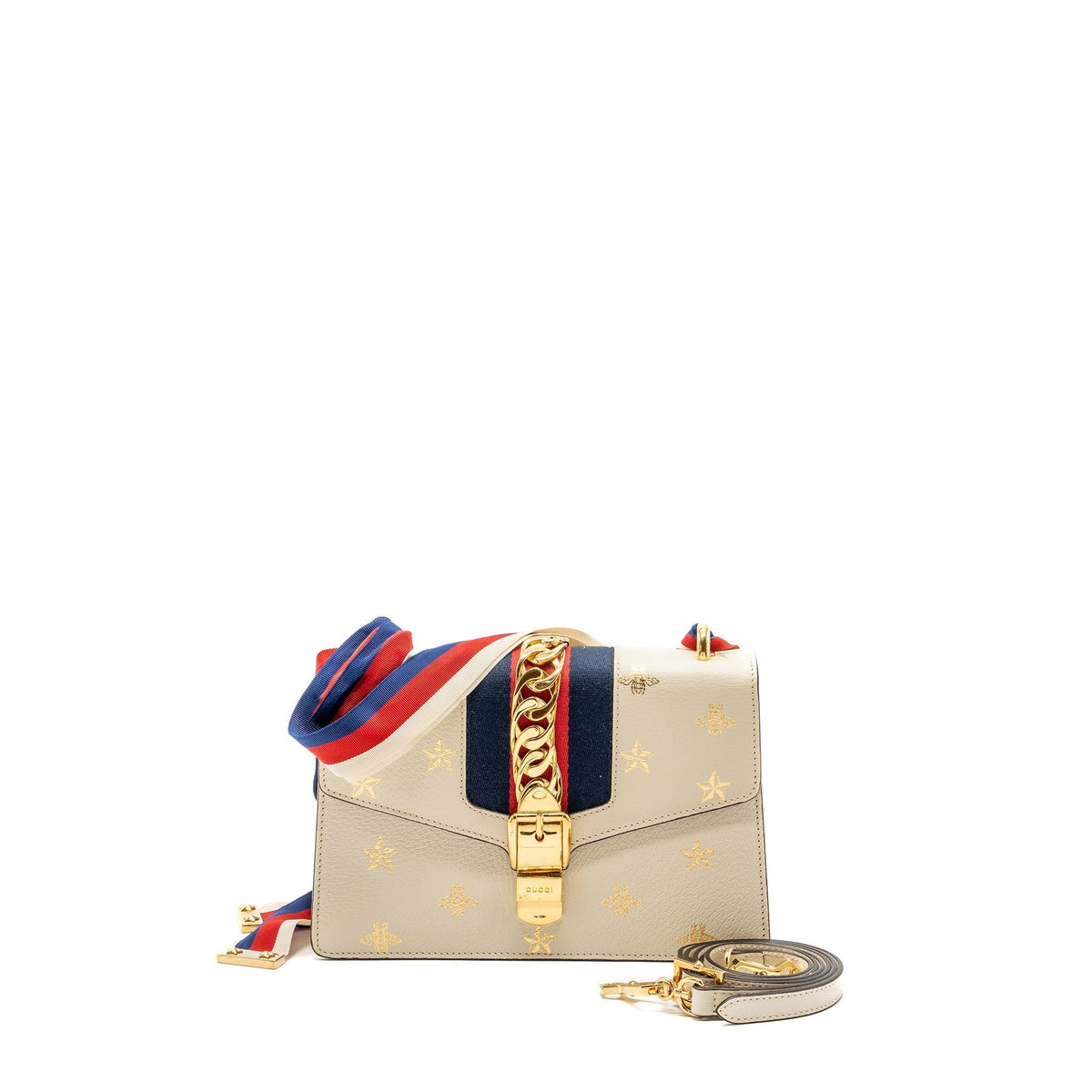 GUCCI SMALL SYLVIA BAG BEE AND STAR PRINTED CALFSKIN WHITE GHW