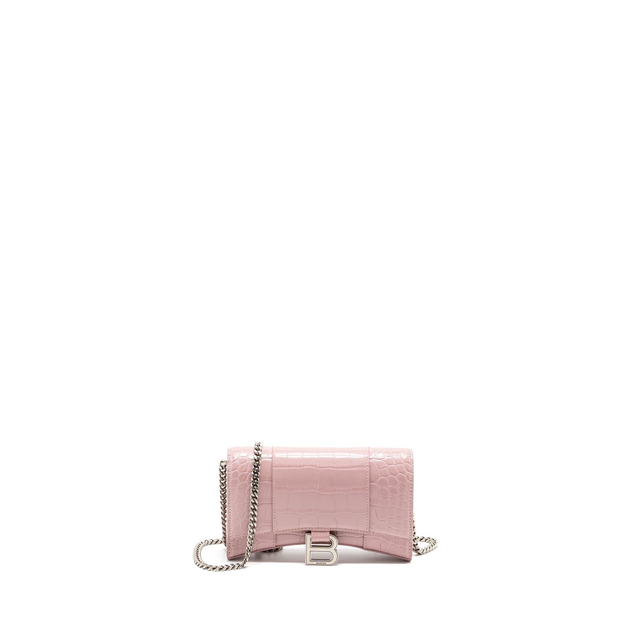 BALENCIAGA HOURGLASS WALLET ON CHAIN CROC-EMBOSSED CALFSKIN PINK SHW