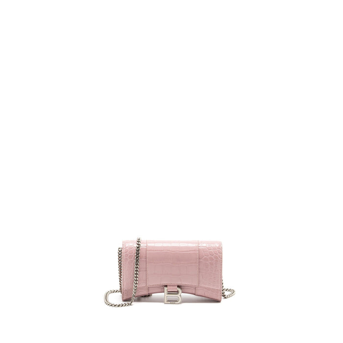 BALENCIAGA HOURGLASS WALLET ON CHAIN CROC-EMBOSSED CALFSKIN PINK SHW