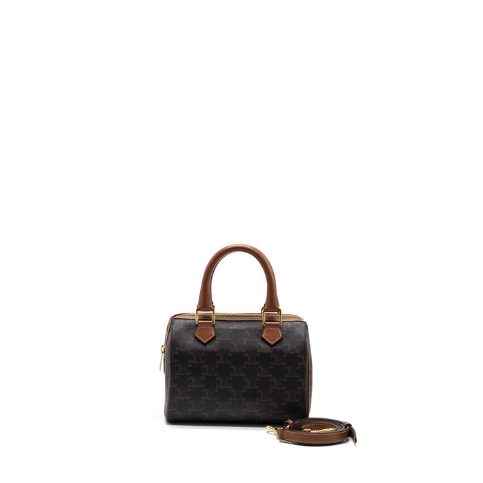CELINE SMALL BOSTON BAG TRIOMPHE CANVAS/CALFSKIN TAN GHW