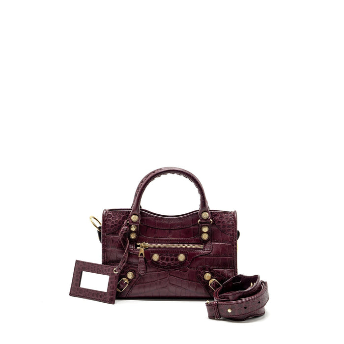 BALENCIAGA MINI CITY BAG CROC EMBOSSED CALFSKIN BURGUNDY GHW