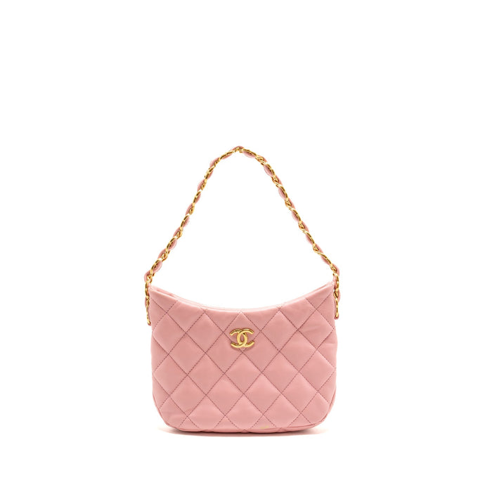 CHANEL 22K HOBO SHOULDER BAG WITH LOGO CHAIN LAMBSKIN PINK GHW (MICROCHIP)