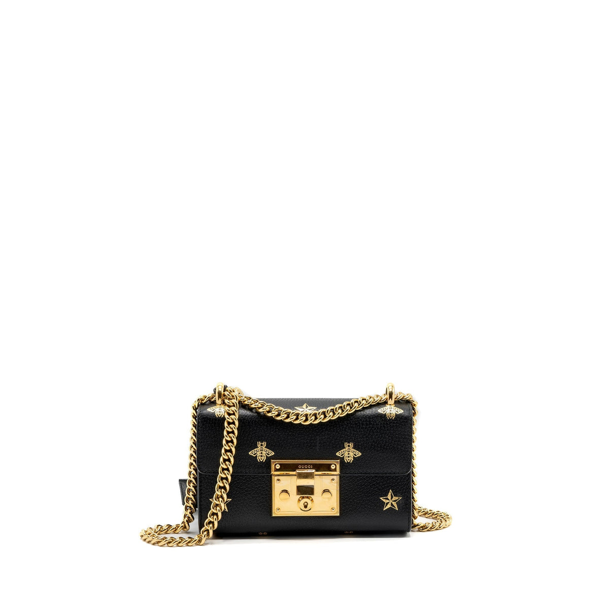 GUCCI PADLOCK CHAIN BAG BEE PRINT CALFSKIN BLACK GHW