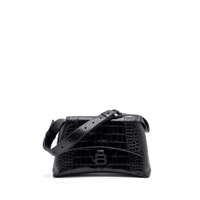 BALENCIAGA DOWNTOWN SMALL SHOUDLER BAG CROCODILE EMBOSSED BLACK WITH BLACK HARDWARE