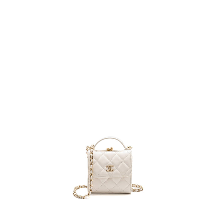 CHANEL TOP HANDLE FLAP KISS LOCK MINI CLUTCH WITH CHAIN LAMBSKIN WHITE LGHW (MICROCHIP)