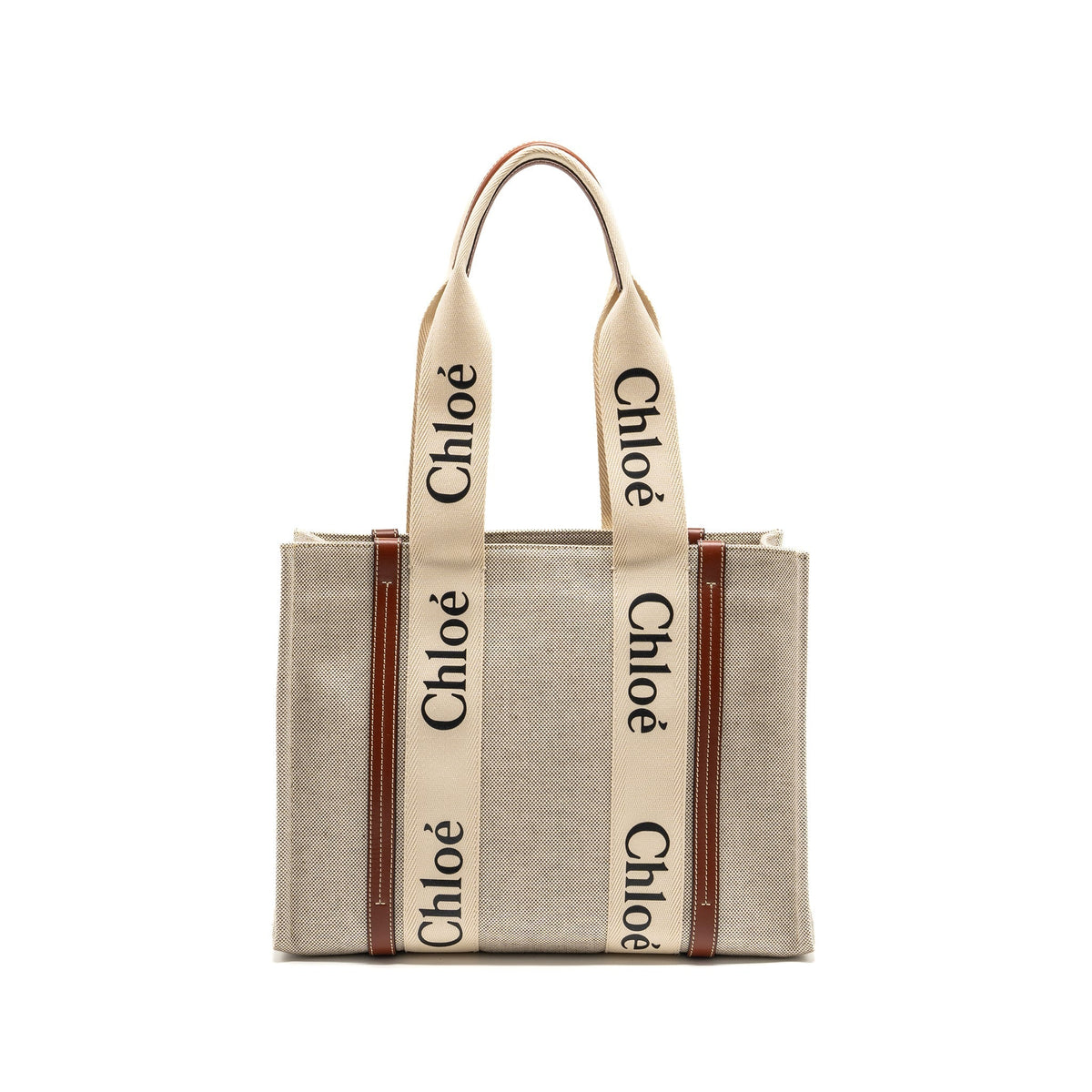 CHLOE WOODY TOTE BAG CANVAS IVORY / BROWN