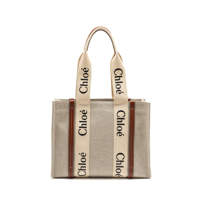 CHLOE WOODY TOTE BAG CANVAS IVORY / BROWN