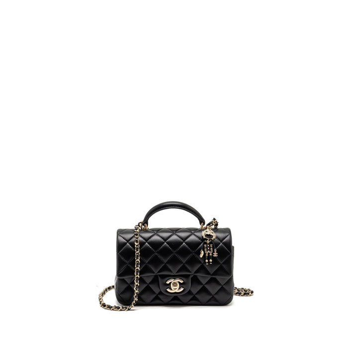 CHANEL TOP HANDLE MINI RECTANGULAR FLAP BAG WITH LION CHARM LAMBSKIN BLACK LGHW (MICROCHIP)