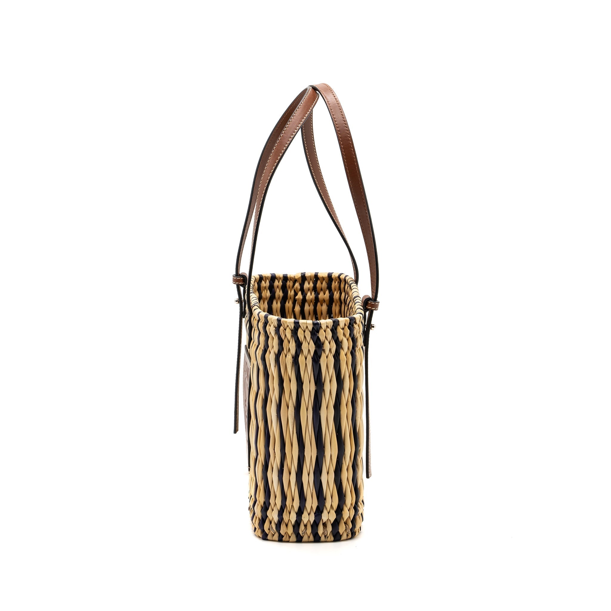 LOEWE PAULA'S IBIZA ANAGRAM BASKET BAG BROWN/MULTICOLOUR RAFFIA/LEATHER