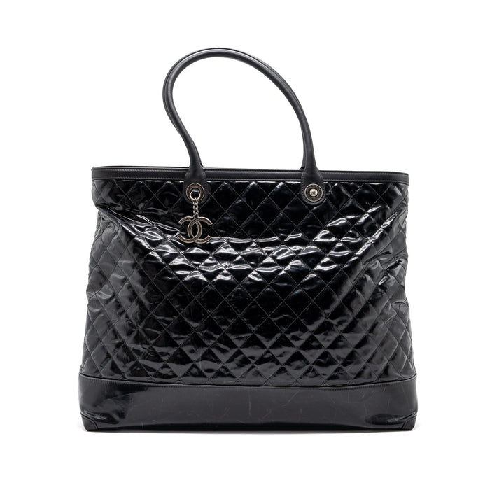 CHANEL GIANT ZIP SHOPPING BAG PATENT BLACK RUTHENIUM HARDWARE