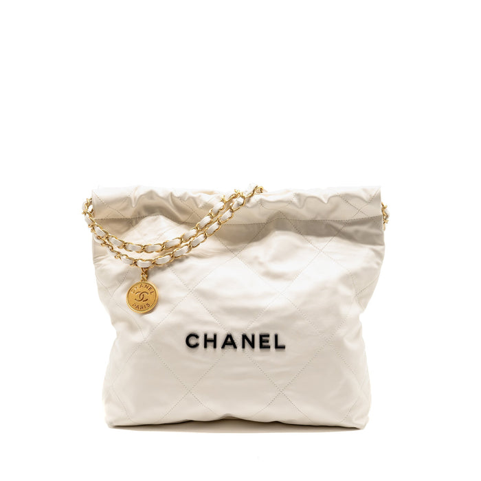CHANEL SMALL 22 BAG WITH BLACK LETTER LOGO CALFSKIN WHITE GHW (MICROCHIP)