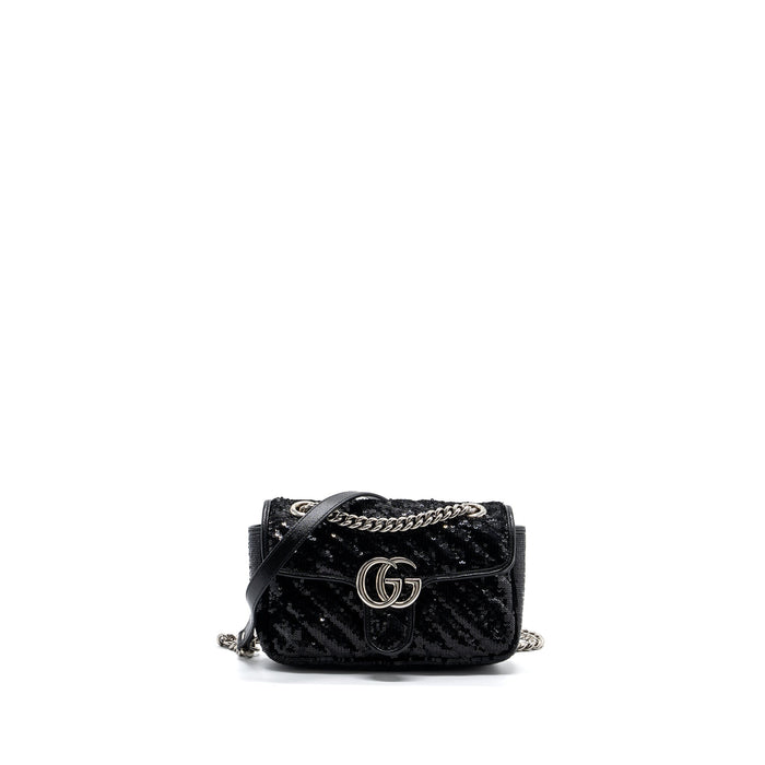GUCCI MINI GG MARMONT MATELASSE BAG SEQUIN BLACK SHW