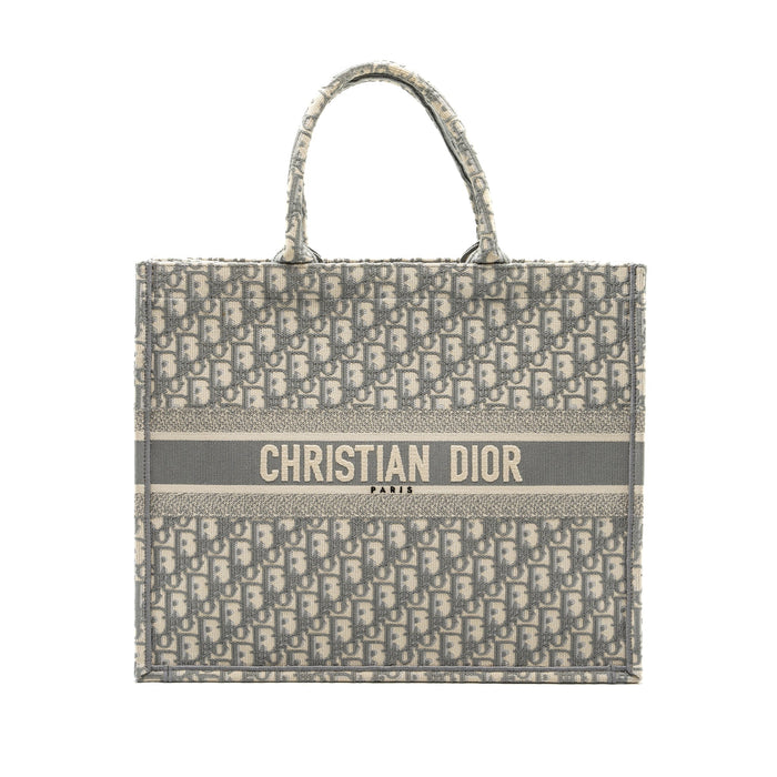 DIOR LARGE BOOK TOTE DIOR OBLIQUE EMBROIDERY ECRU/GREY