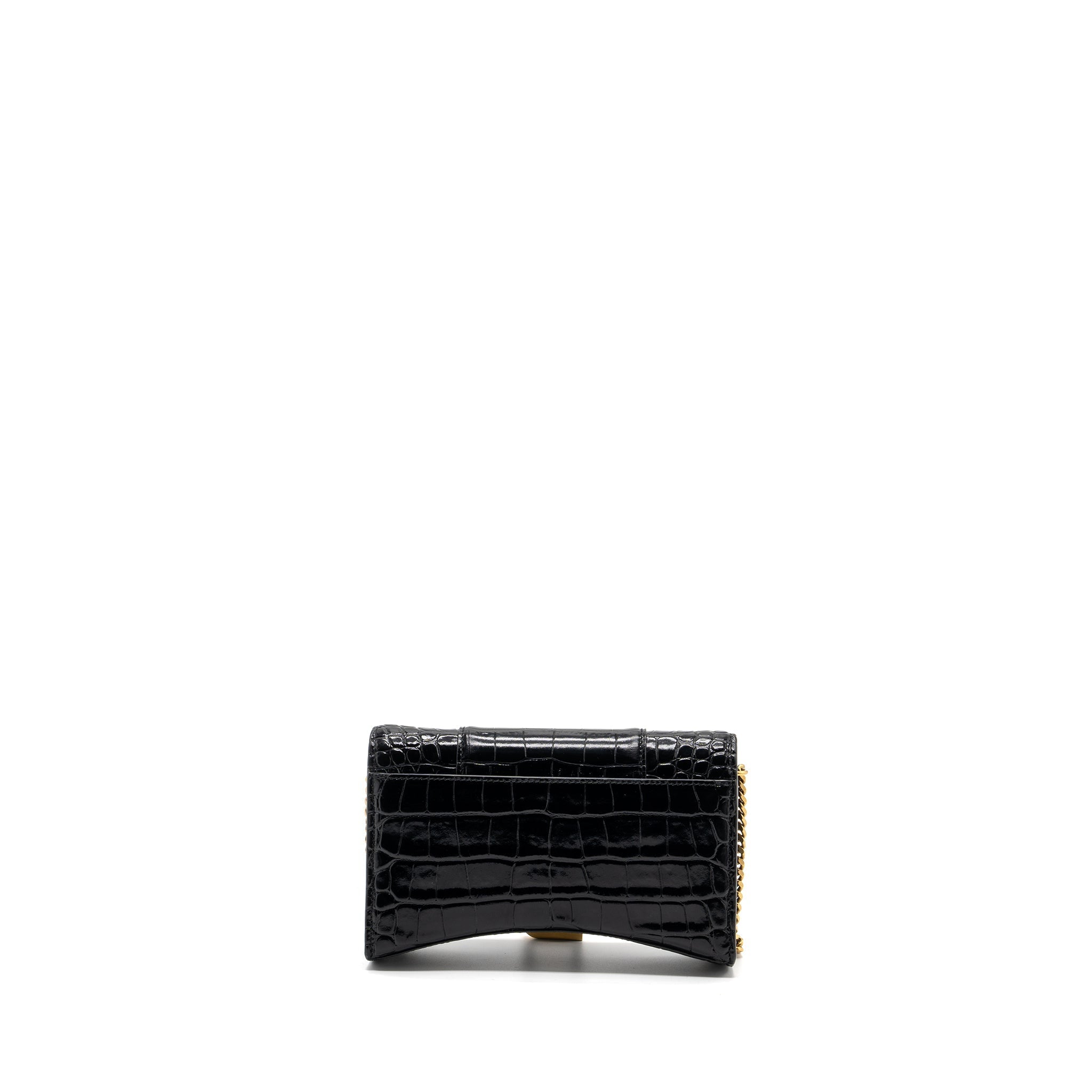 BALENCIAGA HOURGLASS WALLET ON CHAIN CROC EMBOSSED CALFSKIN BLACK GHW