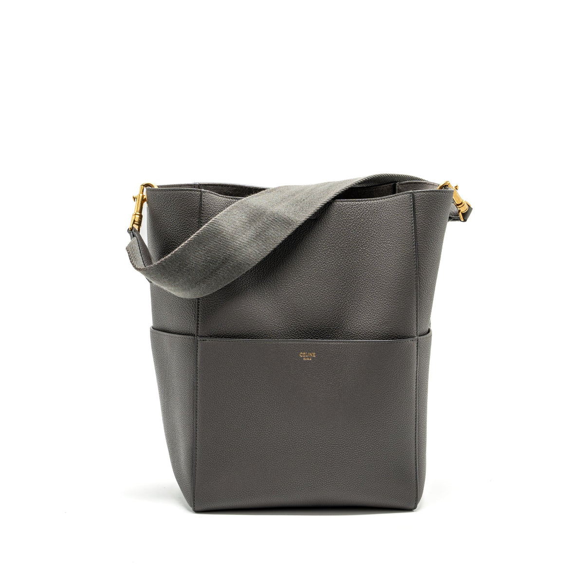 CELINE SANGLE BUCKET BAG GRAINED CALFSKIN GREY GHW