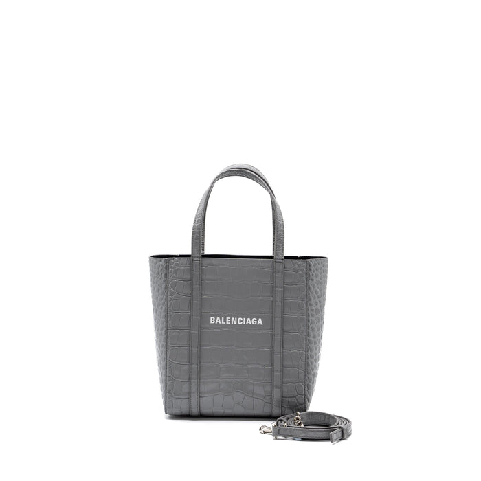 BALENCIAGA XXS EVERYDAY TOTE BAG CROC-EMBOSSED CALFSKIN GREY SHW