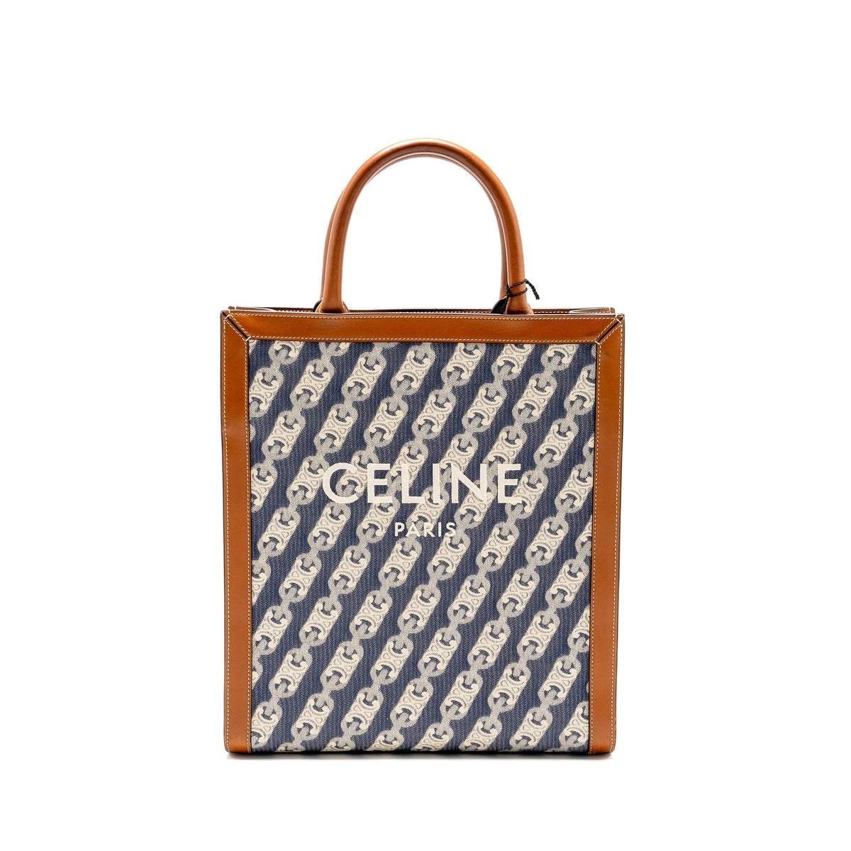 CELINE VERTICAL CABAS TOTE IN TRIOMPHE DENIM /LEATHER NAVY/TAN GHW