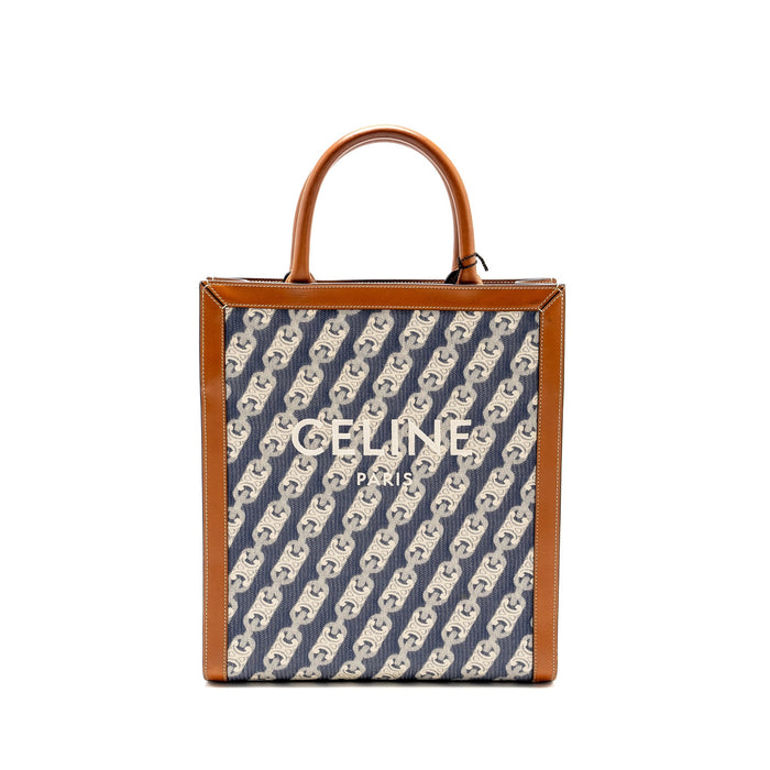 CELINE VERTICAL CABAS TOTE IN TRIOMPHE DENIM /LEATHER NAVY/TAN GHW