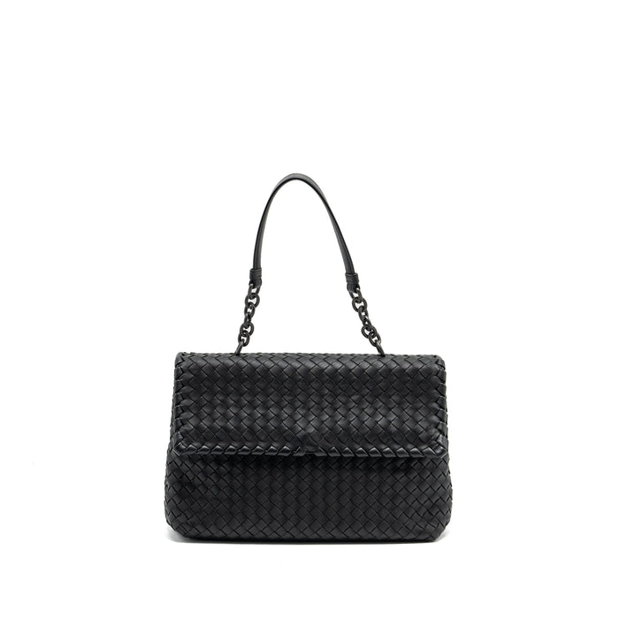 BOTTEGA VENETA SINGLE CHAIN FLAP BAG LEATHER BLACK WITH BLACK HARDWARE
