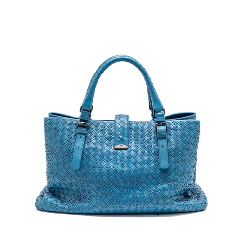 BOTTEGA VENETA INTRECCIATO ROMA LARGE TOTE BAG LEATHER BLUE BLACK HARDWARE