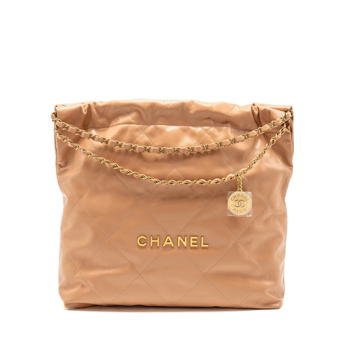 CHANEL MEDIUM 22 BAG SHINY CALFSKIN LIGHT BEIGE GHW (MICROCHIP)