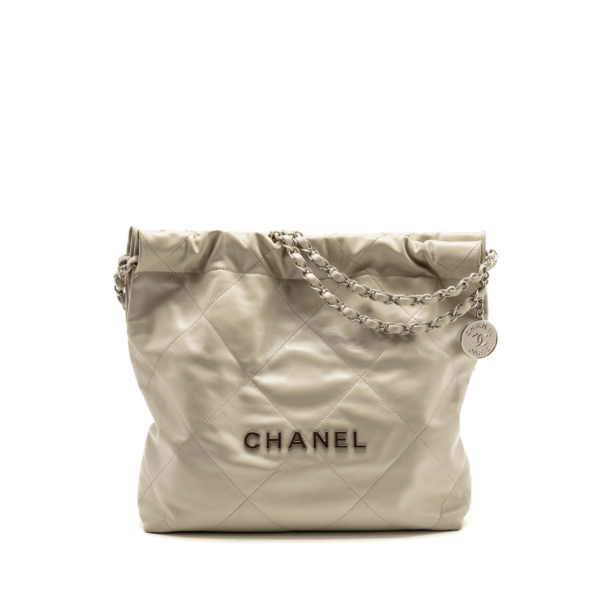 CHANEL SMALL 22 SHINY CALFSKIN LIGHT GREY SHW (MICROCHIP)