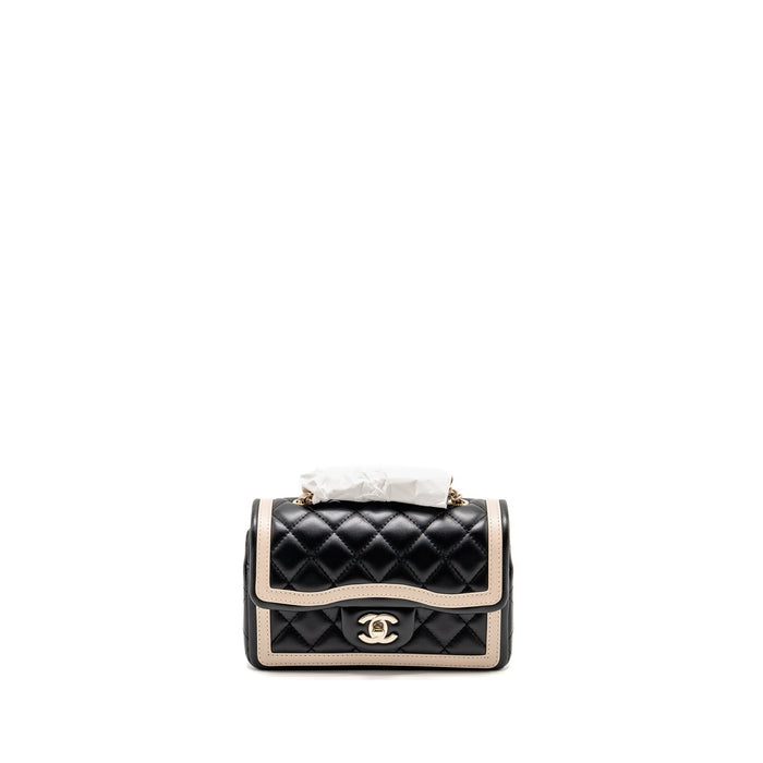 CHANEL 23B QUILTED MINI RECTANGULAR FLAP BAG LAMBSKIN BLACK/BEIGE LGHW (MICROCHIP)