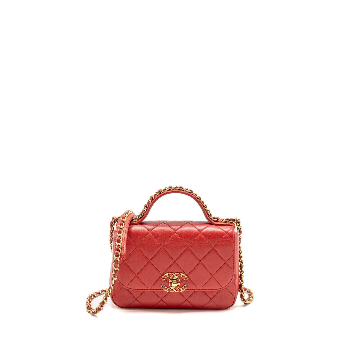 CHANEL CHAIN TOP HANDLE INFINITE FLAP BAG LEATHER RED GHW
